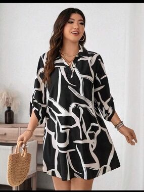 SHEIN Black and White Abstract Print Mini Shirt Dress